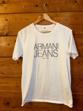 100% Pima Cotton Armani Jeans White Logo Tee